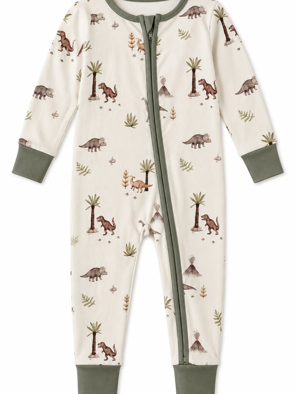 Belan.J Boys Dinosaur Zip-Up Pajama Sleeper – Cream & Olive Footless PJs